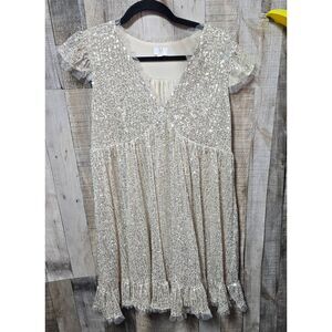 M by MNK Champagne Sequin Babydoll Shift Mini Dress M